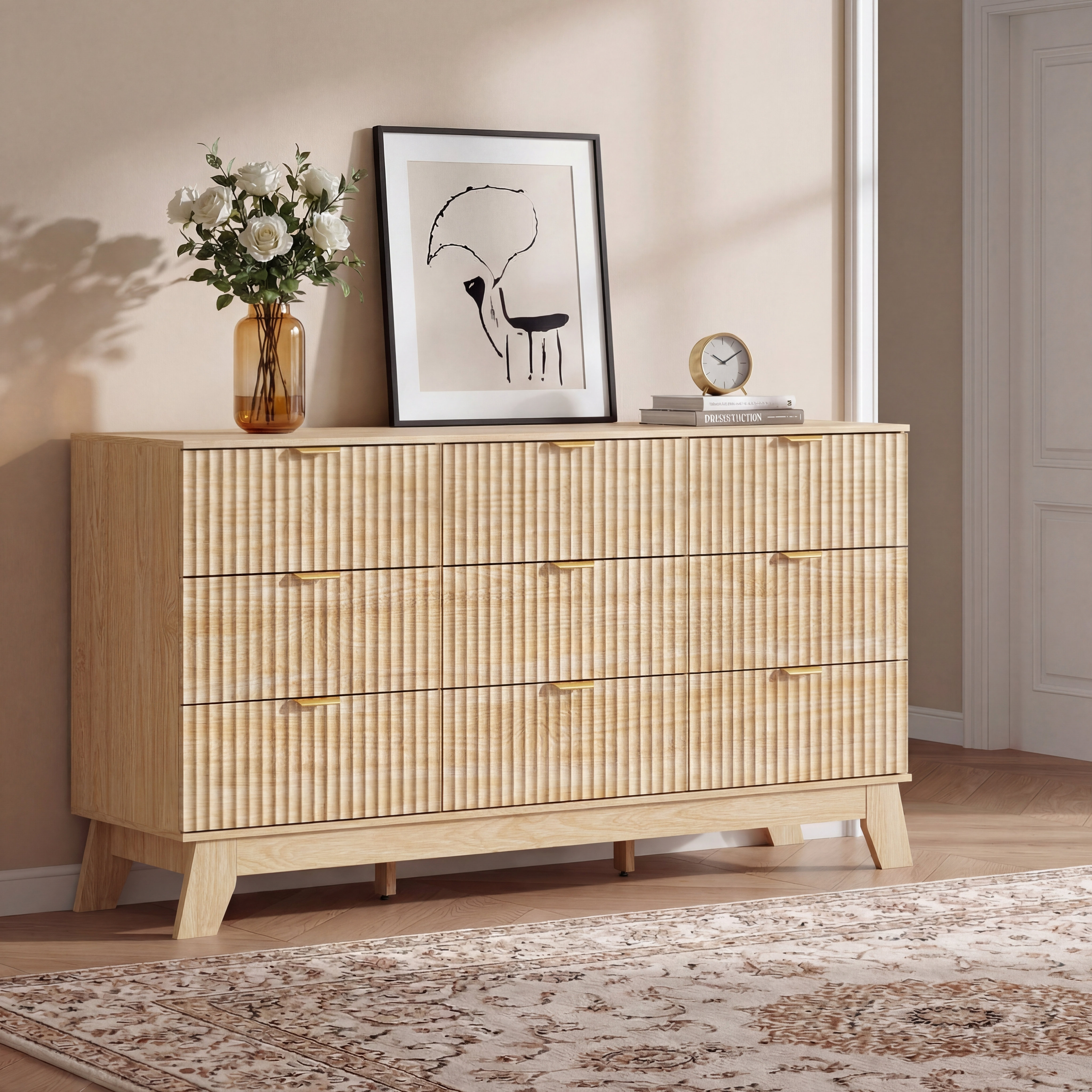 George Oliver Fluted 9-Drawer Dresser 57''W Wood Wide Chest Of